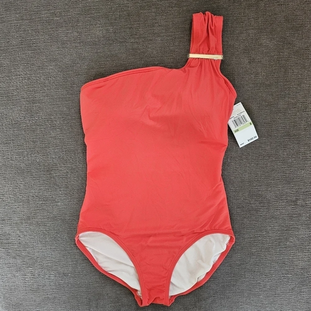 Michael Kors One Shoulder Convertible Gold Plate One Piece wimsuit Size 8